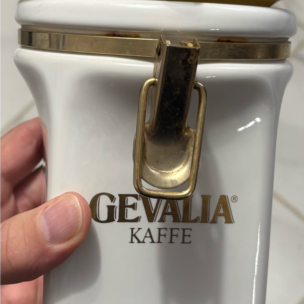 Gevalia White Coffee Canister with Gold Accents